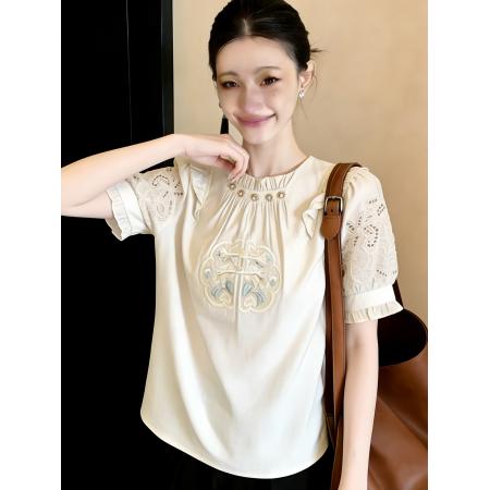 BY14762# 夏季新款新中式钉珠绣花衬衫女设计感小众宽松中国风上衣 服裝批發女裝批發服飾貨源