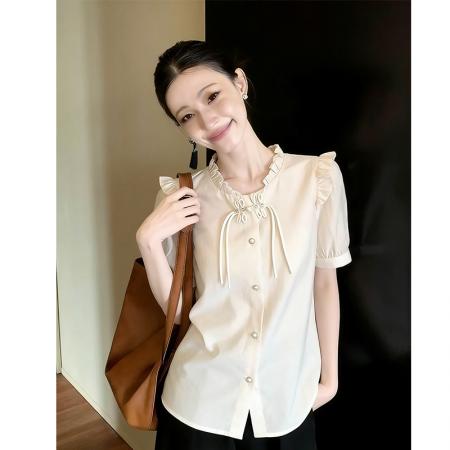 BY14764# 夏季新中式雪纺衬衫女士复古国风衬衣盘扣上衣短袖 服裝批發女裝批發服飾貨源