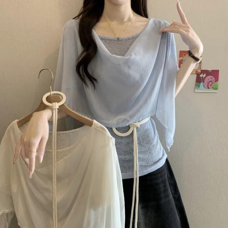 BY14768# 法式气质荡领短袖衬衫女夏新款胖mm宽松高级感洋气小衫上衣 服裝批發女裝批發服飾貨源