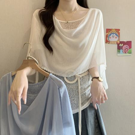 BY14768# 法式气质荡领短袖衬衫女夏新款胖mm宽松高级感洋气小衫上衣 服裝批發女裝批發服飾貨源