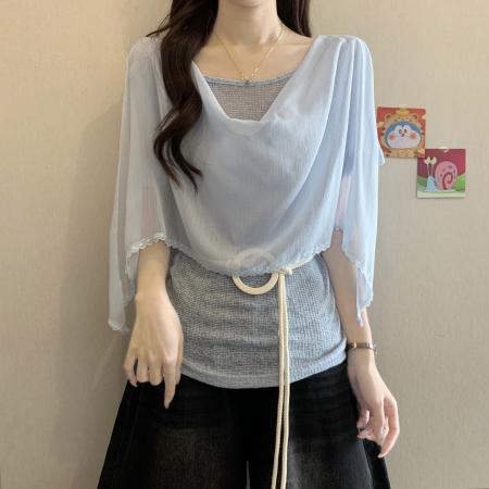 BY14768# 法式气质荡领短袖衬衫女夏新款胖mm宽松高级感洋气小衫上衣 服裝批發女裝批發服飾貨源