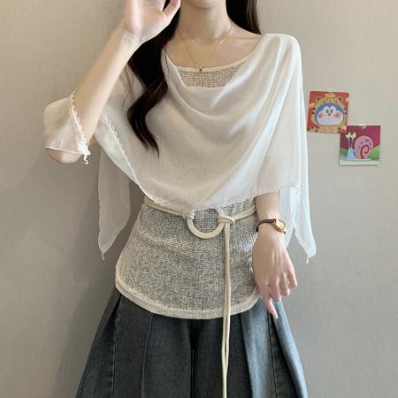 BY14768# 法式气质荡领短袖衬衫女夏新款胖mm宽松高级感洋气小衫上衣 服裝批發女裝批發服飾貨源