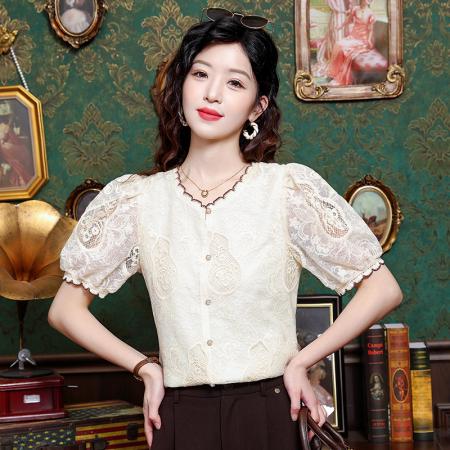 BY14769# 夏季新款法式宫廷重工立体刺绣钩花短袖上衣衬衫 服裝批發女裝批發服飾貨源