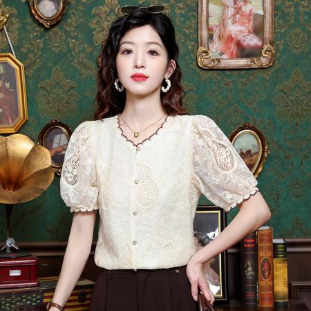 BY14769# 夏季新款法式宫廷重工立体刺绣钩花短袖上衣衬衫 服裝批發女裝批發服飾貨源
