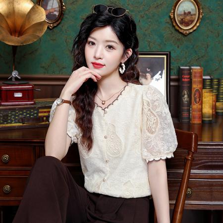 BY14769# 夏季新款法式宫廷重工立体刺绣钩花短袖上衣衬衫 服裝批發女裝批發服飾貨源