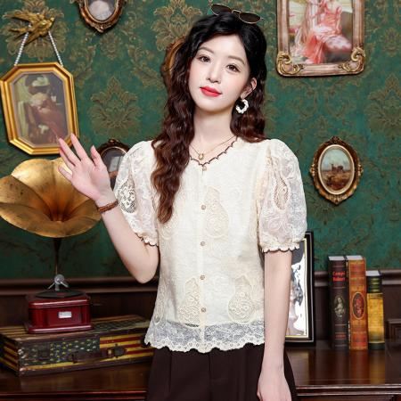 BY14769# 夏季新款法式宫廷重工立体刺绣钩花短袖上衣衬衫 服裝批發女裝批發服飾貨源
