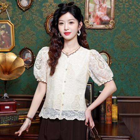 BY14769# 夏季新款法式宫廷重工立体刺绣钩花短袖上衣衬衫 服裝批發女裝批發服飾貨源