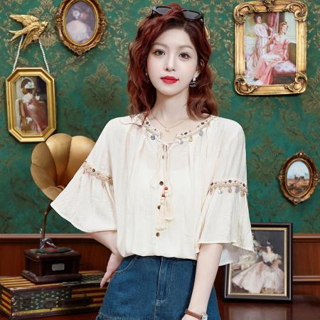 BY14770# 夏季新款重工手工串珠休闲百搭短袖衬衣夏季宽松上衣 服裝批發女裝批發服飾貨源