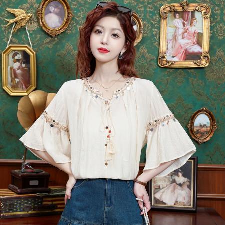 BY14770# 夏季新款重工手工串珠休闲百搭短袖衬衣夏季宽松上衣 服裝批發女裝批發服飾貨源