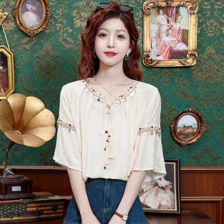 BY14770# 夏季新款重工手工串珠休闲百搭短袖衬衣夏季宽松上衣 服裝批發女裝批發服飾貨源