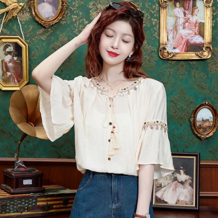 BY14770# 夏季新款重工手工串珠休闲百搭短袖衬衣夏季宽松上衣 服裝批發女裝批發服飾貨源