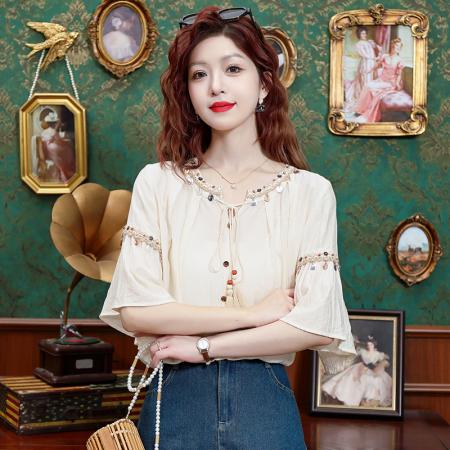 BY14770# 夏季新款重工手工串珠休闲百搭短袖衬衣夏季宽松上衣 服裝批發女裝批發服飾貨源