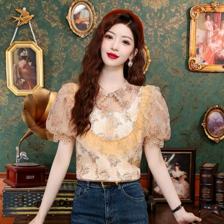 BY14771# 夏季新款法式泡泡袖轻奢重工立领蕾丝刺绣钩花衬衣女 服裝批發女裝批發服飾貨源