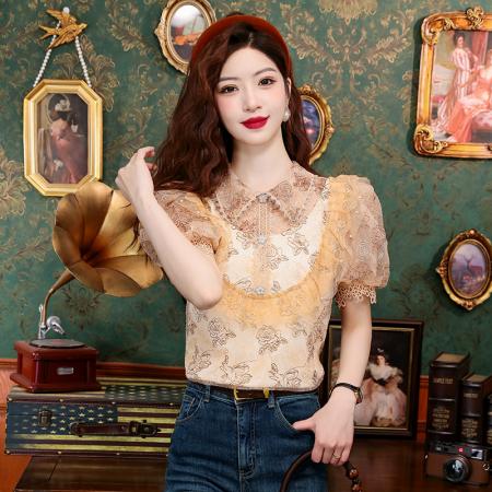 BY14771# 夏季新款法式泡泡袖轻奢重工立领蕾丝刺绣钩花衬衣女 服裝批發女裝批發服飾貨源