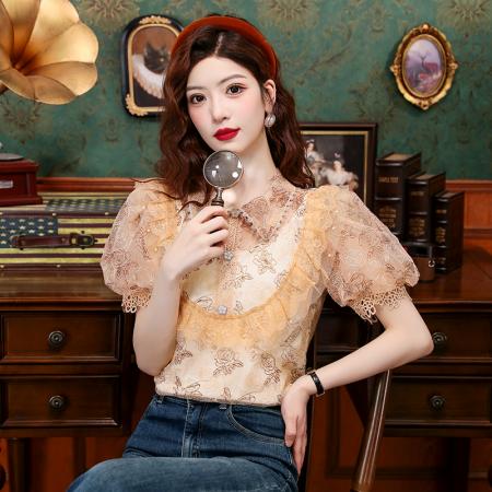 BY14771# 夏季新款法式泡泡袖轻奢重工立领蕾丝刺绣钩花衬衣女 服裝批發女裝批發服飾貨源