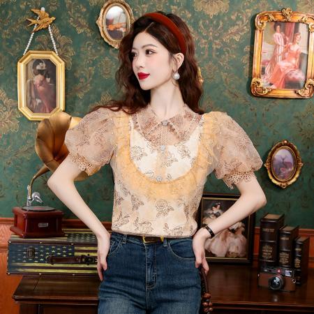 BY14771# 夏季新款法式泡泡袖轻奢重工立领蕾丝刺绣钩花衬衣女 服裝批發女裝批發服飾貨源