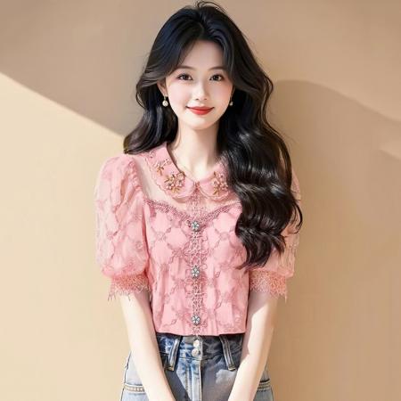 BY14773# 夏季重工刺绣钉珠镂空设计感小众别致蕾丝短袖上衣衬衫女 服裝批發女裝批發服飾貨源