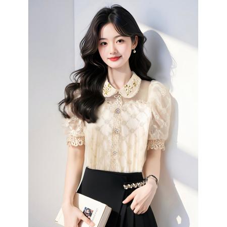 BY14773# 夏季重工刺绣钉珠镂空设计感小众别致蕾丝短袖上衣衬衫女 服裝批發女裝批發服飾貨源