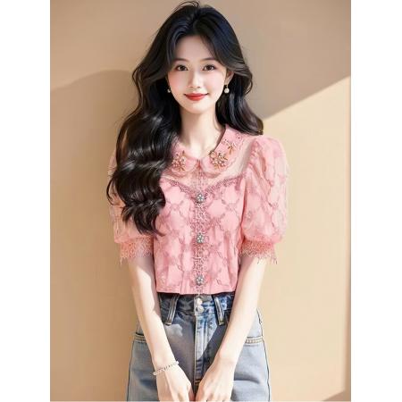 BY14773# 夏季重工刺绣钉珠镂空设计感小众别致蕾丝短袖上衣衬衫女 服裝批發女裝批發服飾貨源