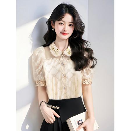 BY14773# 夏季重工刺绣钉珠镂空设计感小众别致蕾丝短袖上衣衬衫女 服裝批發女裝批發服飾貨源