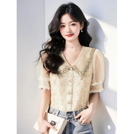 BY14774# 夏季重工刺绣钉珠镂空设计感小众别致蕾丝短袖上衣衬衫女 服裝批發女裝批發服飾貨源