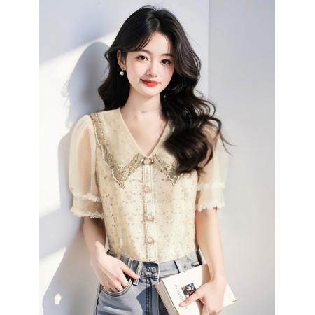 BY14774# 夏季重工刺绣钉珠镂空设计感小众别致蕾丝短袖上衣衬衫女 服裝批發女裝批發服飾貨源