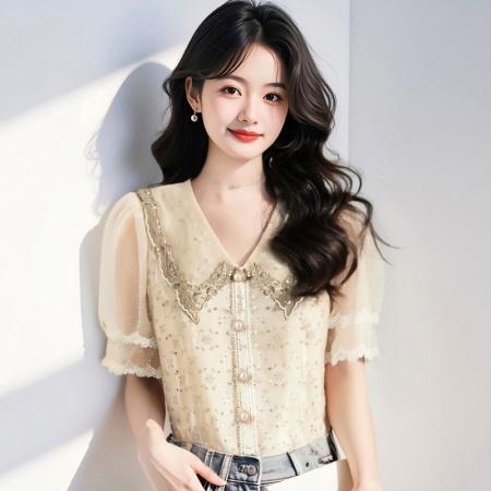 BY14774# 夏季重工刺绣钉珠镂空设计感小众别致蕾丝短袖上衣衬衫女 服裝批發女裝批發服飾貨源