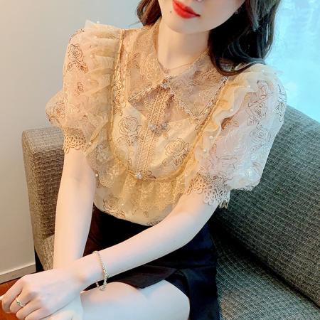 BY14775# 夏季新款法式泡泡袖轻奢重工立领蕾丝刺绣钩花衬衣女 服裝批發女裝批發服飾貨源