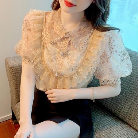 BY14775# 夏季新款法式泡泡袖轻奢重工立领蕾丝刺绣钩花衬衣女 服裝批發女裝批發服飾貨源