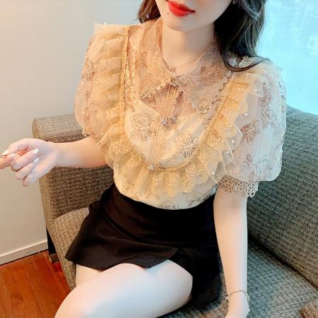 BY14775# 夏季新款法式泡泡袖轻奢重工立领蕾丝刺绣钩花衬衣女 服裝批發女裝批發服飾貨源