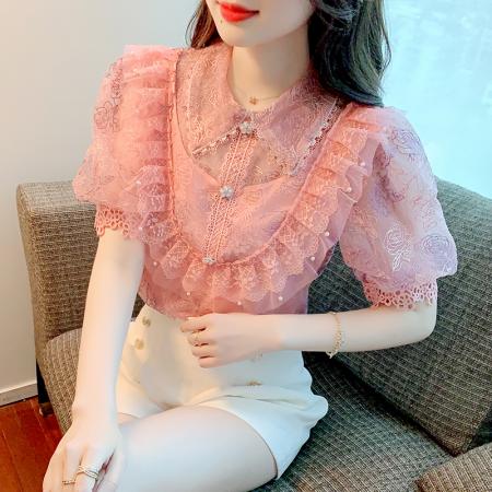 BY14775# 夏季新款法式泡泡袖轻奢重工立领蕾丝刺绣钩花衬衣女 服裝批發女裝批發服飾貨源