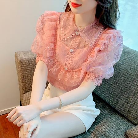 BY14775# 夏季新款法式泡泡袖轻奢重工立领蕾丝刺绣钩花衬衣女 服裝批發女裝批發服飾貨源