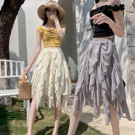 BY14776# 小众设计感不规则雪纺半身裙新款法式复古小众设计杏色中长裙 服裝批發女裝批發服飾貨源
