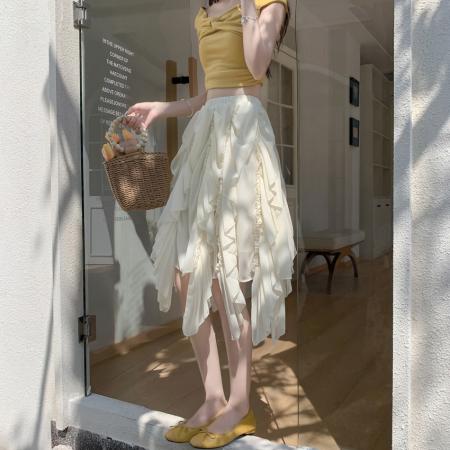 BY14776# 小众设计感不规则雪纺半身裙新款法式复古小众设计杏色中长裙 服裝批發女裝批發服飾貨源