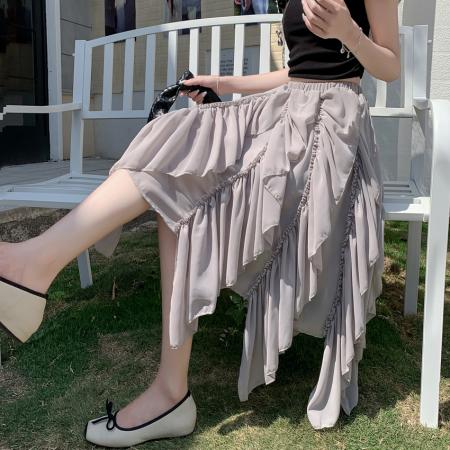 BY14776# 小众设计感不规则雪纺半身裙新款法式复古小众设计杏色中长裙 服裝批發女裝批發服飾貨源