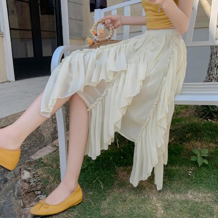 BY14776# 小众设计感不规则雪纺半身裙新款法式复古小众设计杏色中长裙 服裝批發女裝批發服飾貨源