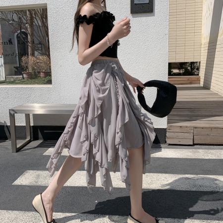 BY14776# 小众设计感不规则雪纺半身裙新款法式复古小众设计杏色中长裙 服裝批發女裝批發服飾貨源