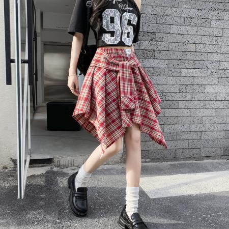 BY14777# 小众复古不规则格子半身裙夏季高腰显瘦学院风防走光A字短裙 服裝批發女裝批發服飾貨源