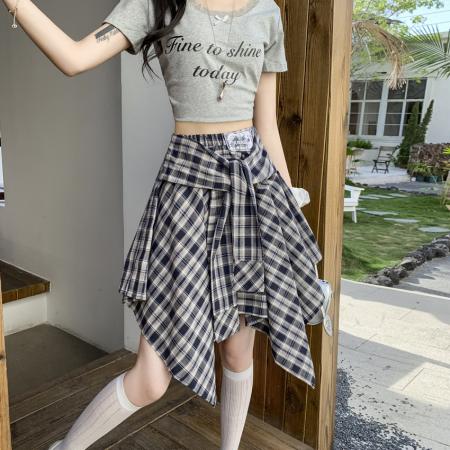 BY14777# 小众复古不规则格子半身裙夏季高腰显瘦学院风防走光A字短裙 服裝批發女裝批發服飾貨源