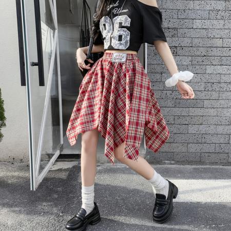 BY14777# 小众复古不规则格子半身裙夏季高腰显瘦学院风防走光A字短裙 服裝批發女裝批發服飾貨源