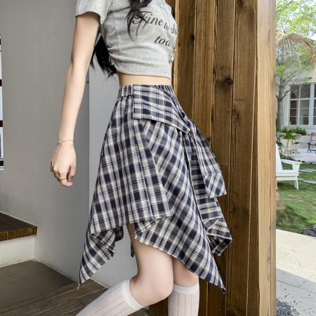 BY14777# 小众复古不规则格子半身裙夏季高腰显瘦学院风防走光A字短裙 服裝批發女裝批發服飾貨源