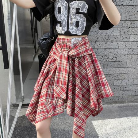 BY14777# 小众复古不规则格子半身裙夏季高腰显瘦学院风防走光A字短裙 服裝批發女裝批發服飾貨源