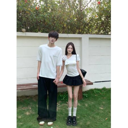 BY14778# 女夏白色修身辣妹设计感露肩斜肩上衣情侣装 服裝批發女裝批發服飾貨源