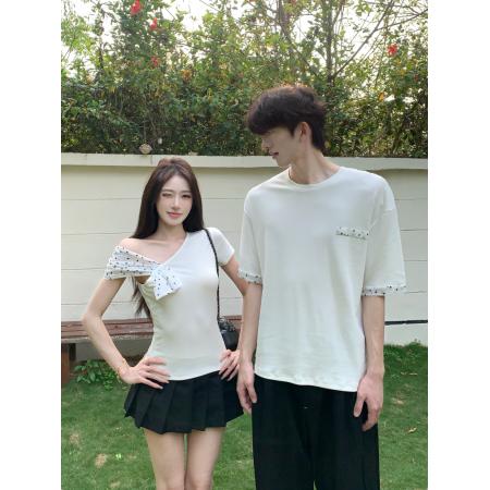 BY14778# 女夏白色修身辣妹设计感露肩斜肩上衣情侣装 服裝批發女裝批發服飾貨源