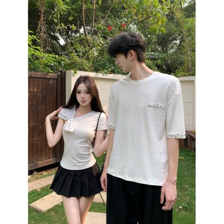 BY14778# 女夏白色修身辣妹设计感露肩斜肩上衣情侣装 服裝批發女裝批發服飾貨源