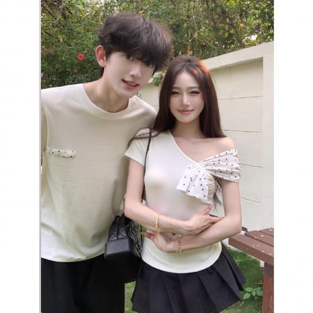 BY14778# 女夏白色修身辣妹设计感露肩斜肩上衣情侣装 服裝批發女裝批發服飾貨源