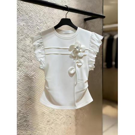 BY14779# 夏季法式立体花朵白色小飞袖t恤女设计感不规则掐腰修身百搭上衣 服裝批發女裝批發服飾貨源