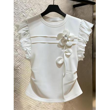 BY14779# 夏季法式立体花朵白色小飞袖t恤女设计感不规则掐腰修身百搭上衣 服裝批發女裝批發服飾貨源