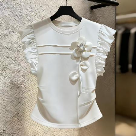 BY14779# 夏季法式立体花朵白色小飞袖t恤女设计感不规则掐腰修身百搭上衣 服裝批發女裝批發服飾貨源