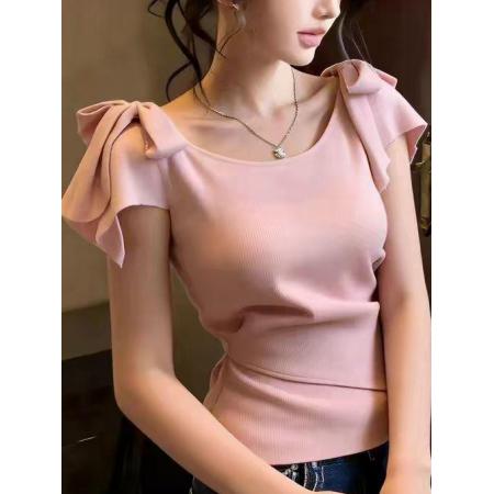 BY14780# 超减龄蝴蝶结系带设计粉色上衣春季女装新款圆领修身别致短袖 服裝批發女裝批發服飾貨源